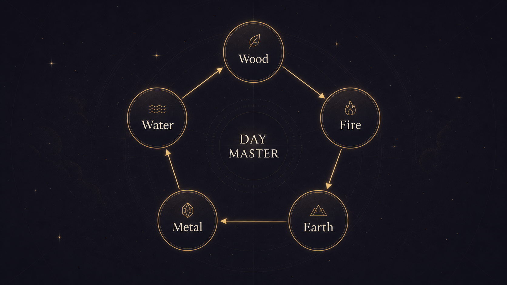 Five Elements generating cycle: Wood feeds Fire, Fire creates Earth, Earth bears Metal, Metal enriches Water, and Water nourishes Wood.