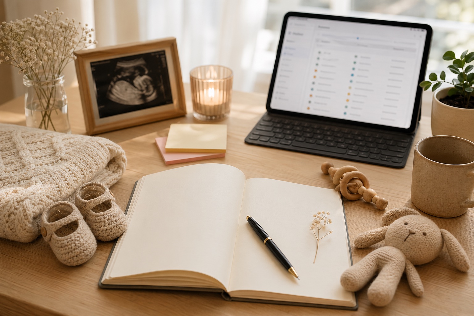 Warm nursery desk with baby shoes, notebook, and tablet for choosing a baby name