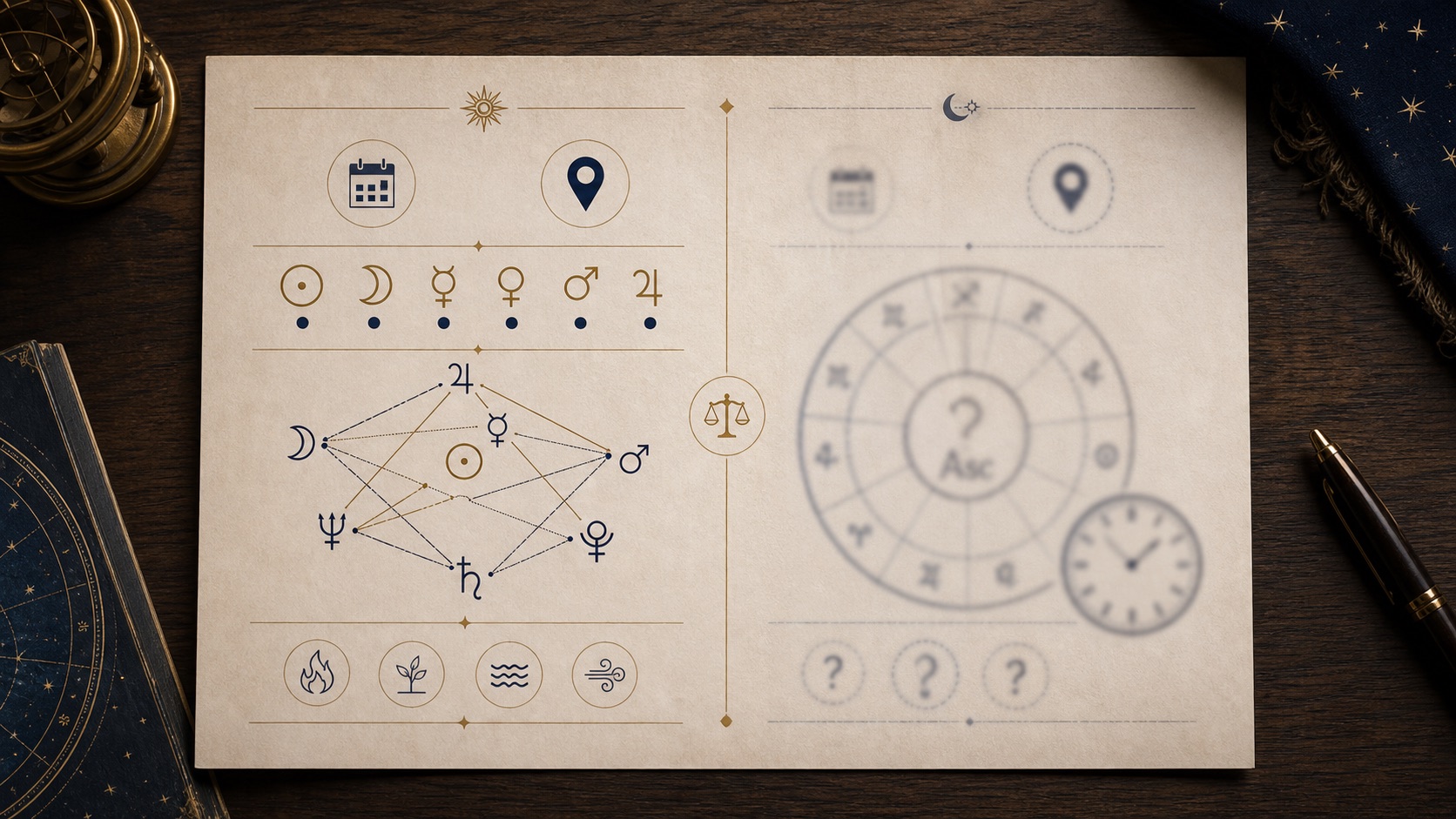 Illustration comparing reliable astrology factors without birth time and uncertain chart factors like houses and ascendant