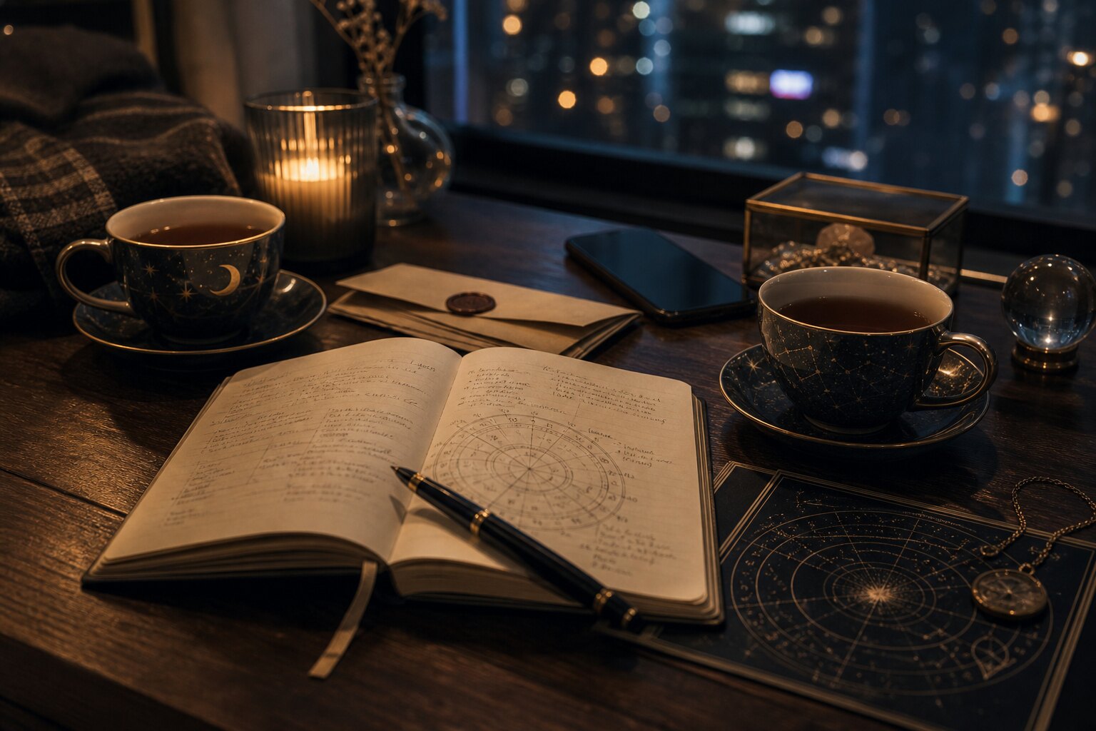 Quiet evening table with tea, letters, and reflective journaling during Mercury retrograde