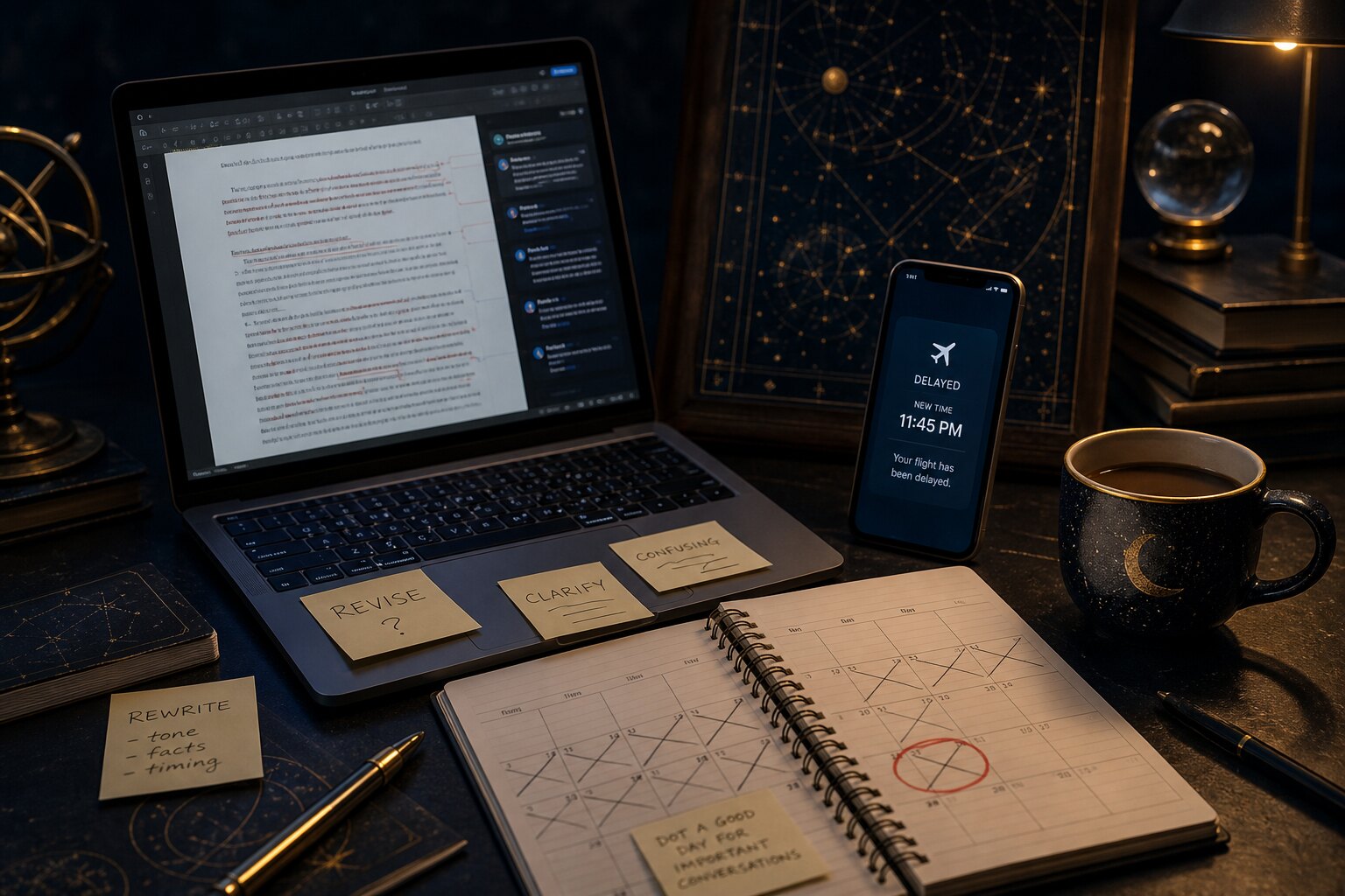 Laptop with revisions, delayed phone alert, and calendar notes during Mercury retrograde