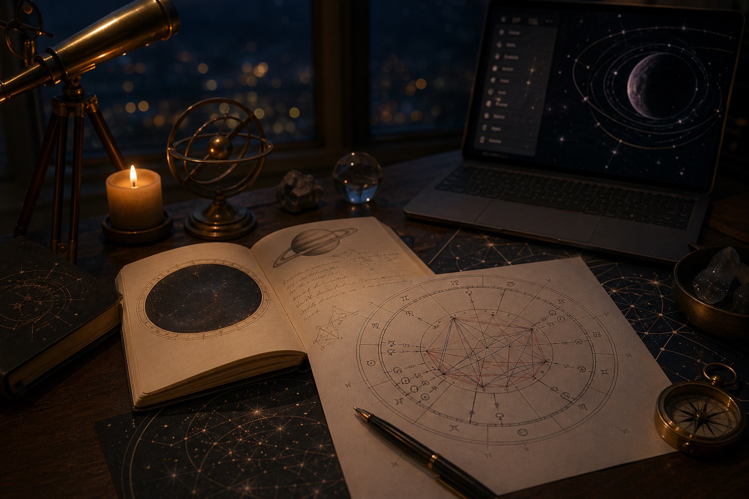 Astrology desk with a birth chart and celestial tools for Pluto transit 2026