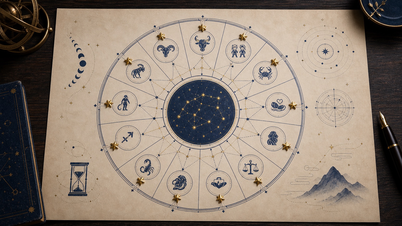 Beginner illustration of a Purple Star chart with twelve palaces and symbolic stars