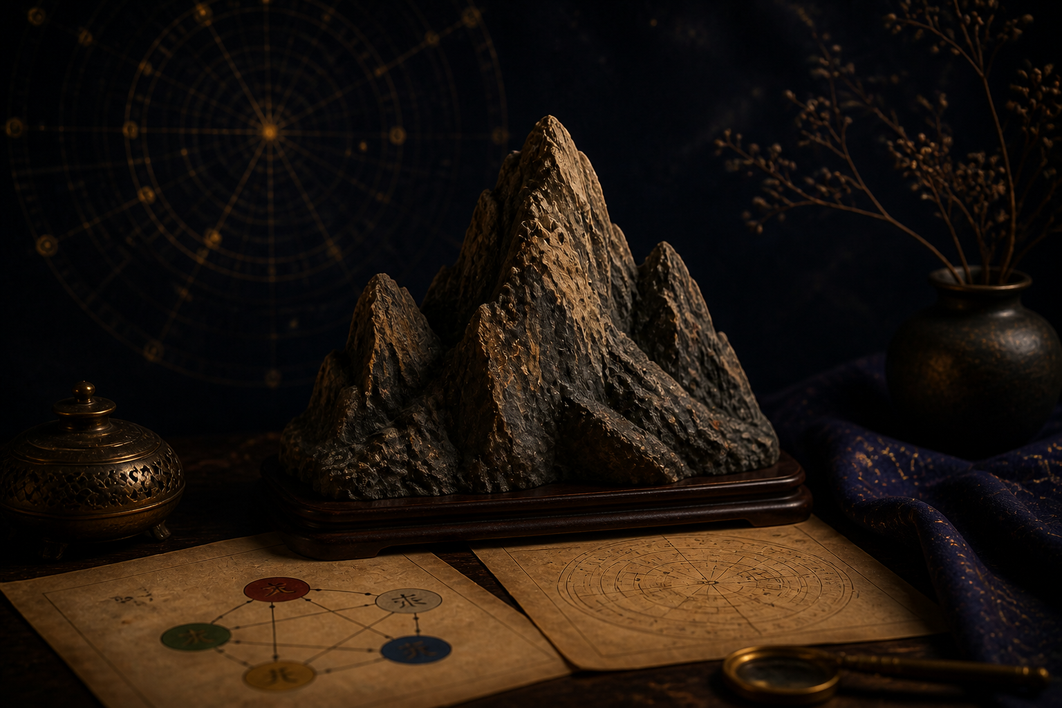 Mountain landscape with an astrology chart aesthetic for a Yang Earth Day Master article cover