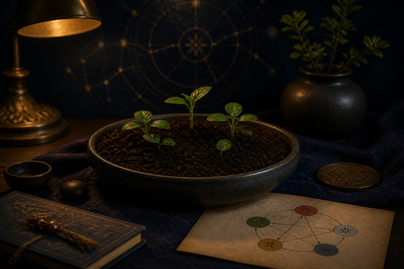 Cultivated soil and small plants on a dark astrology-inspired background for a Yin Earth article cover