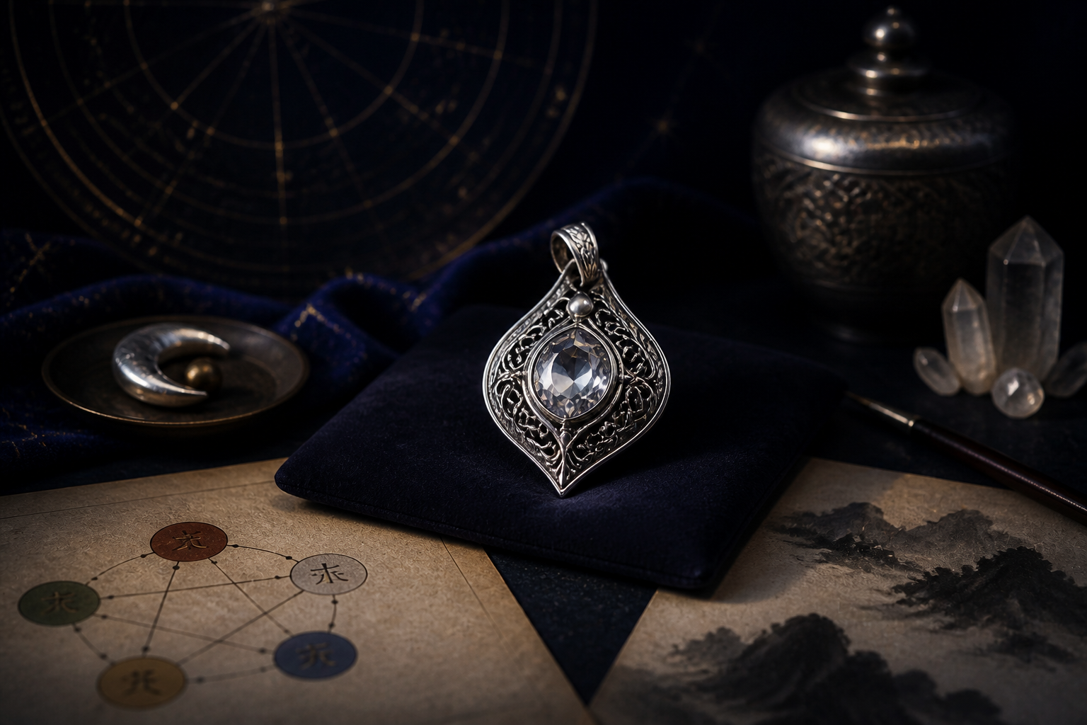 Refined metallic jewelry on a dark indigo astrology desk for a Yin Metal cover image